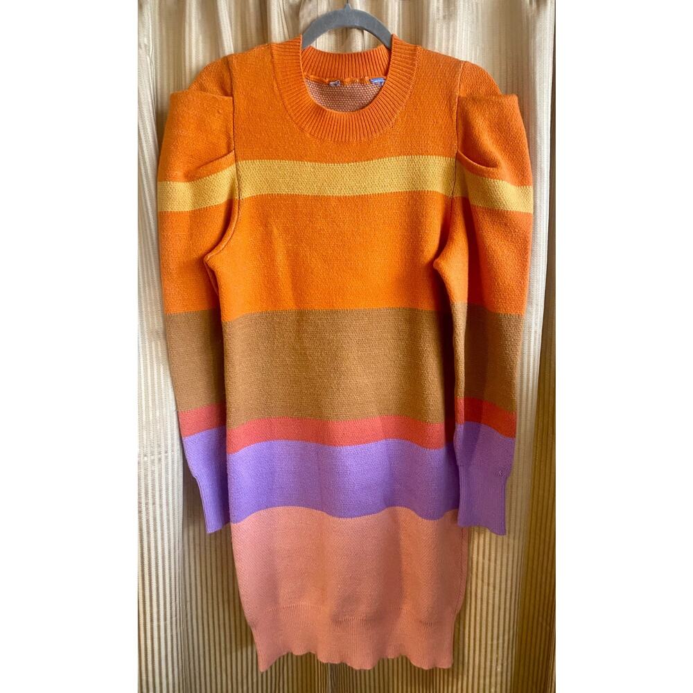 Anthropologie Farm Rio Sweater Dress Stripe Puff Sleeve Colorblock S/M